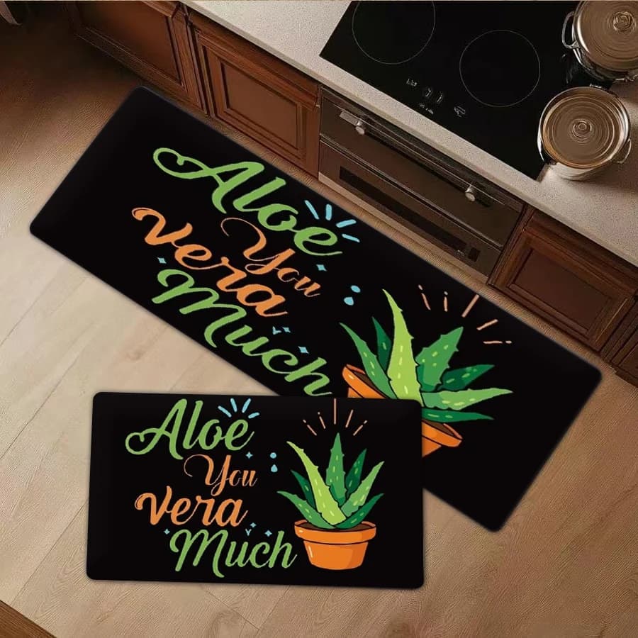 1/2/3Pcs Flannel Kitchen Mat—Soft Flannel Floor Mat Aloe Vera Plant Print Rug Non-Slip Kitchen Carpet Modern Botanical Decorative Doormat Living Room Bedroom Bathroom Rug Home Decor—Soft,Comfortable,Suitable For Bathroom,Bedroom,Kitchen,Laundry Room