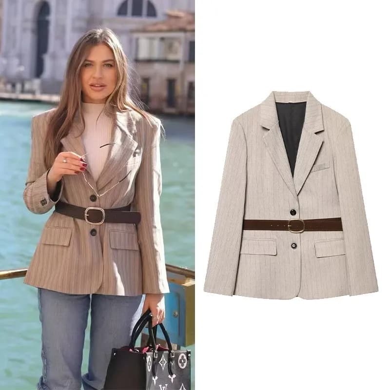 Blazer da donna a spina di pesce con cintura, nuovo modello primaverile, con spalline, tasche, bottoni, colletto a risvolto, maniche lunghe, cappotto da donna, top femminile