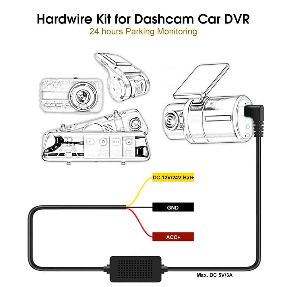 Dash Cam Hardwire Kit Buck Line USB Adapter Cable for Dashcam Mirror DVR Charger 24 Hour Parking Monitor 24V 12V to 5V 3A Fuse