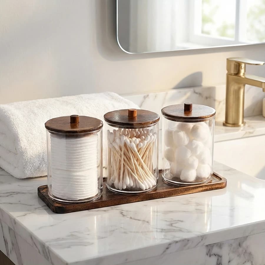 Contenitori trasparenti per bagno, dispenser per scatole portaoggetti, set da 3 contenitori da 10 Oz per bastoncini di cotone/palline/dischetti con vassoio da toeletta, barattolo per Q-tip in stile farmacia