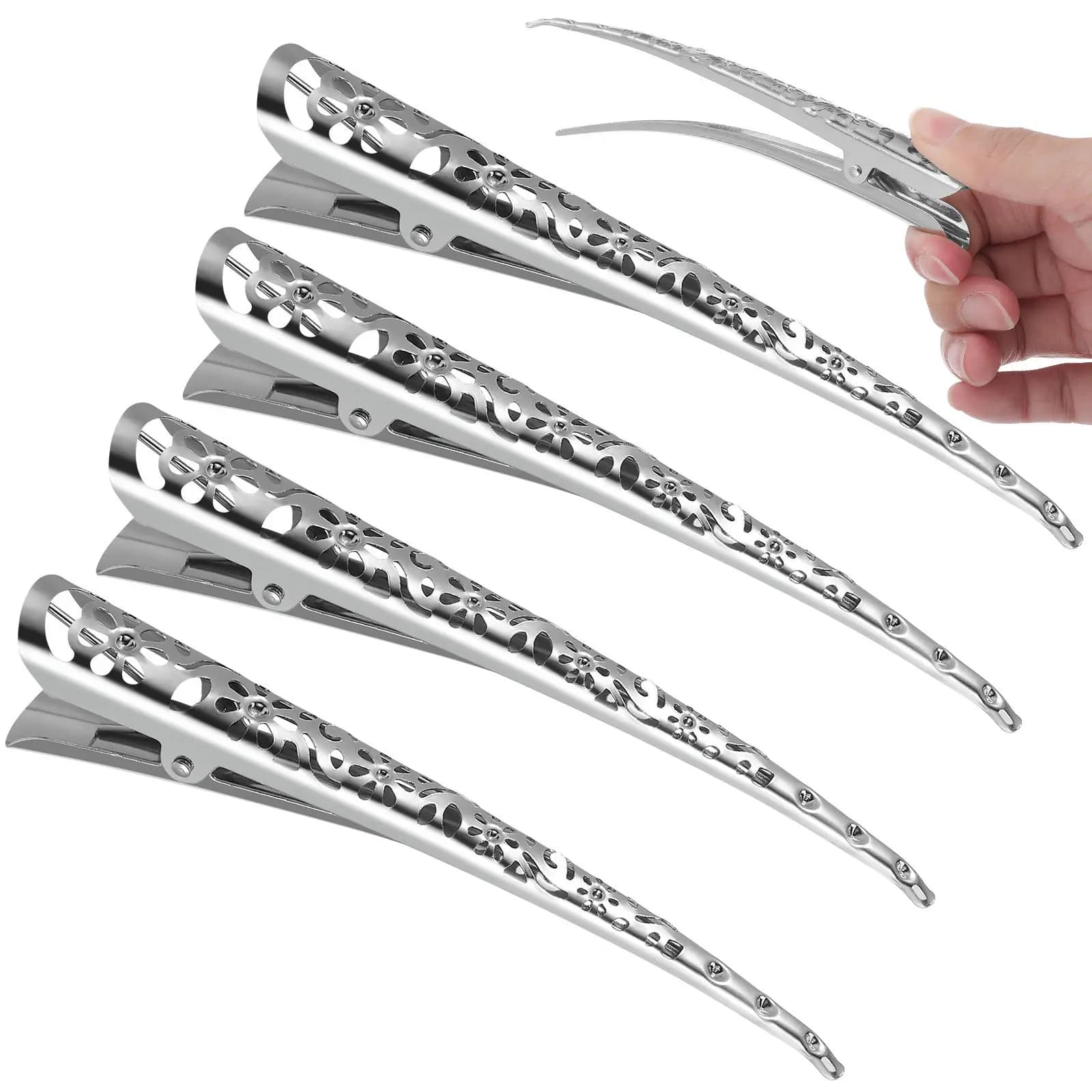 Set di 4 Fermagli per Capelli in Metallo Argento, Stile Becco d'Anatra 110mm, Design Floreale Traforato, Accessorio per Uso Quotidiano