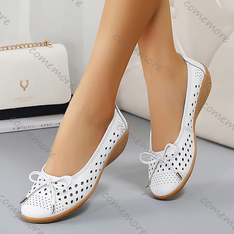 Comemore Summer Slip-on Flats Hollow Comfortable Woman's Shoes Leather Soft Bottom Wedges Casual Solid Color Female Single Shoes