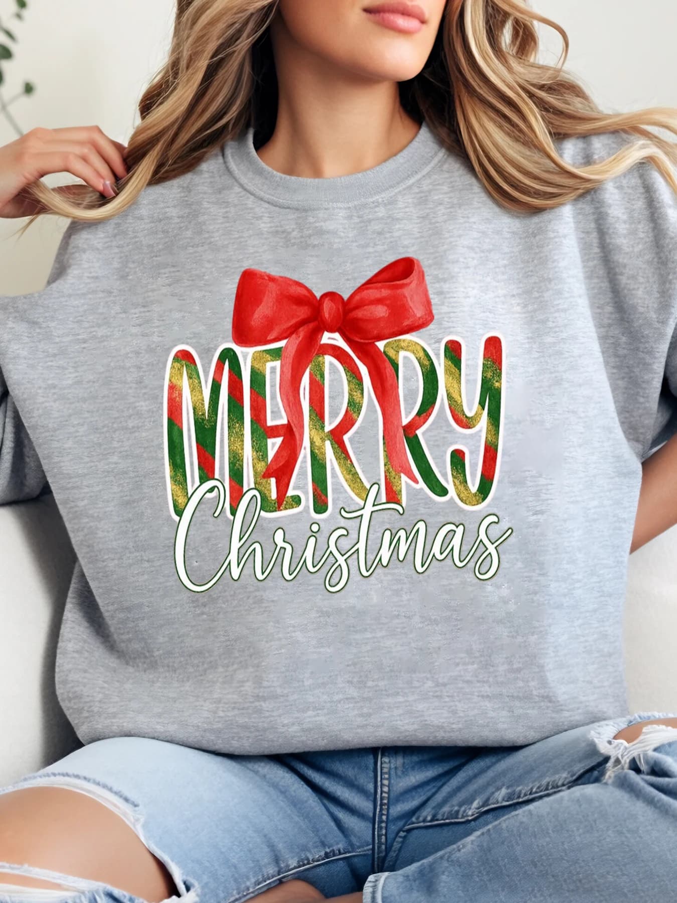 Sweatshirt with print bow in christmas sugar cane, casual women's clothing for holidays, grey strong sizes