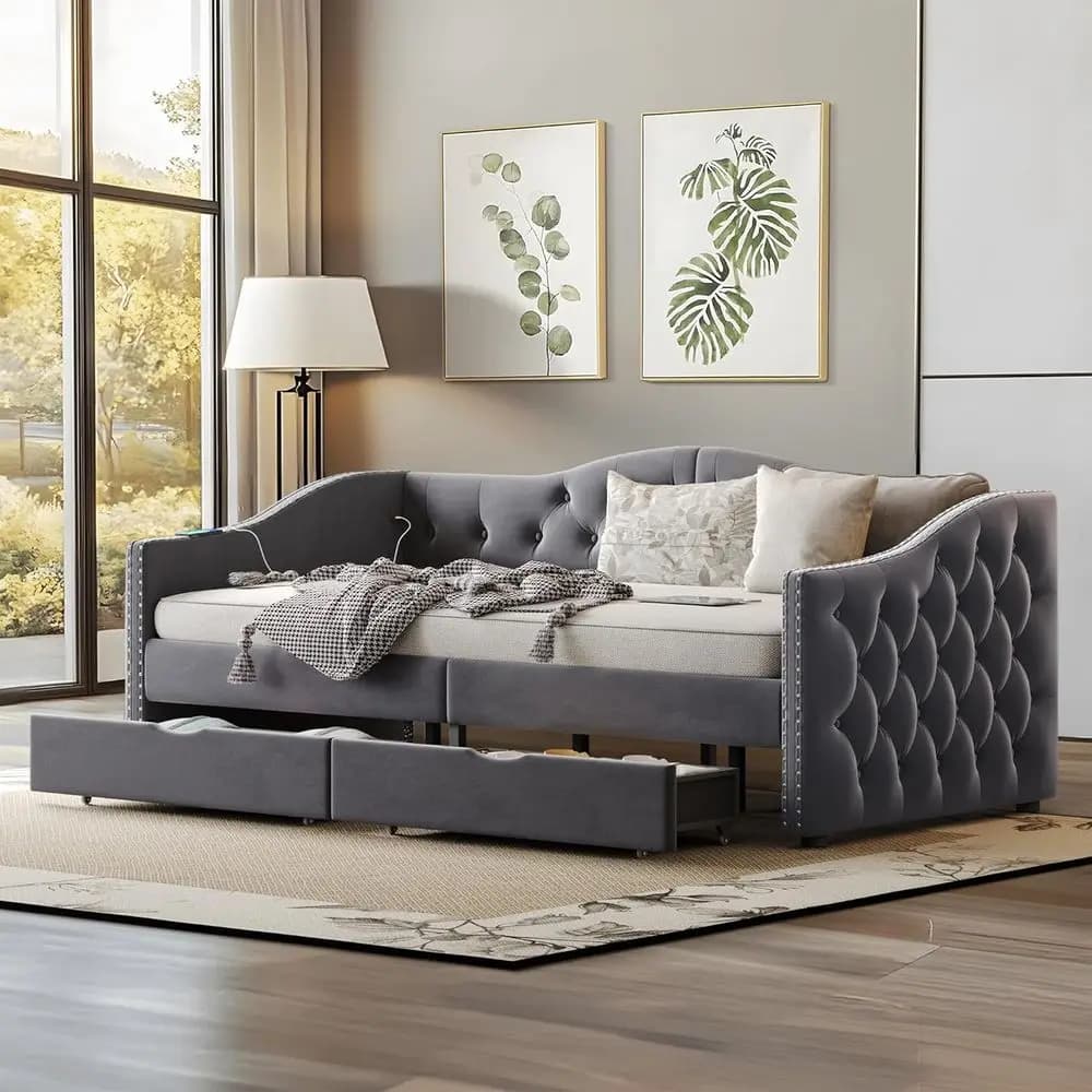 Twin Size Daybed with Storage Ders, Upholstered Daybed with 2 USB Ports, Sturdy Metal and Wood e,Day Bed or Bedroom, No Box Spri