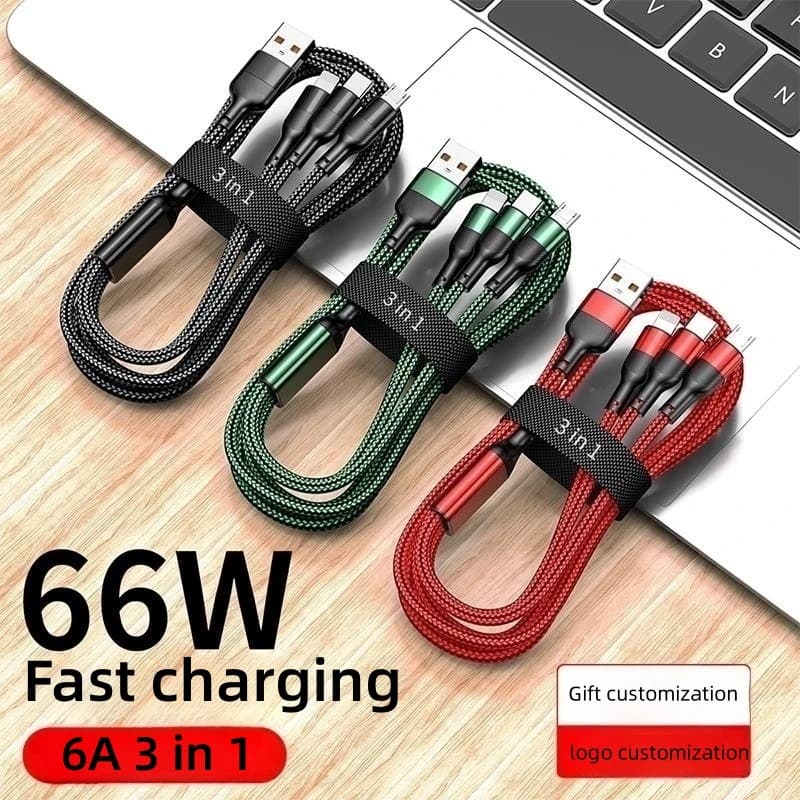 Quick charging cable Sbtool 3 in 1 USB-C Micro USB Type-C multi-port data cable 66 W 6 A for Samsung Huawei iPhone