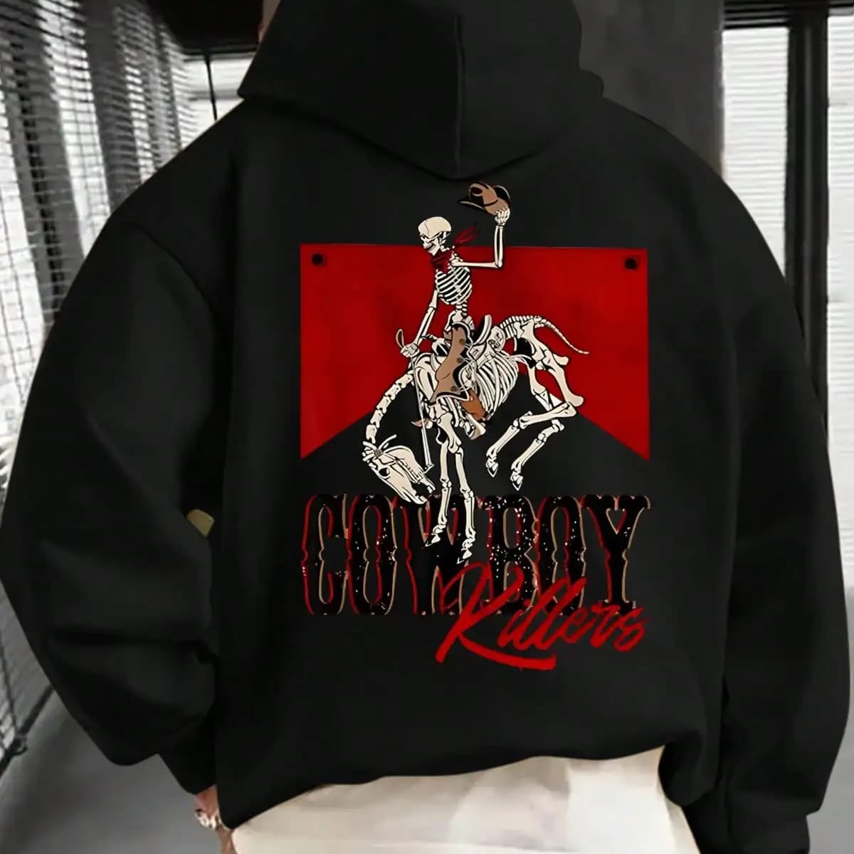 Men'S Gothic Western Cowboy Skull Print Hooded Sweatshirt - Red & Black Graphic Pullover With Horseback Design, Long Sleeve Casual Hoodie For Autumn W