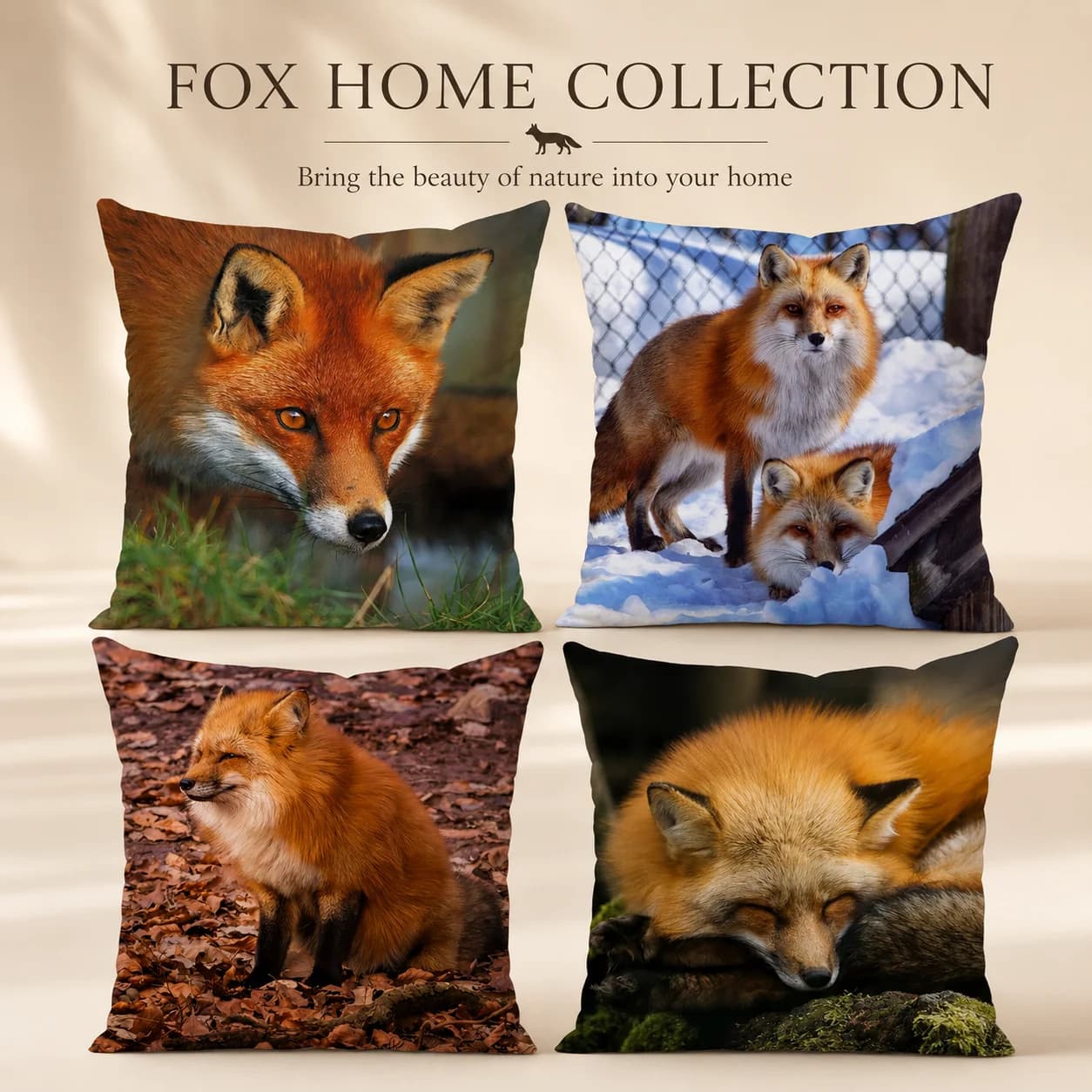 Set di 4 Copricuscini con Stampa 2D Volpe Rossa, in Tessuto Pelle di Pesca, Decorazione Rustica per Cabina, Animali Selvatici, Federe per Divano