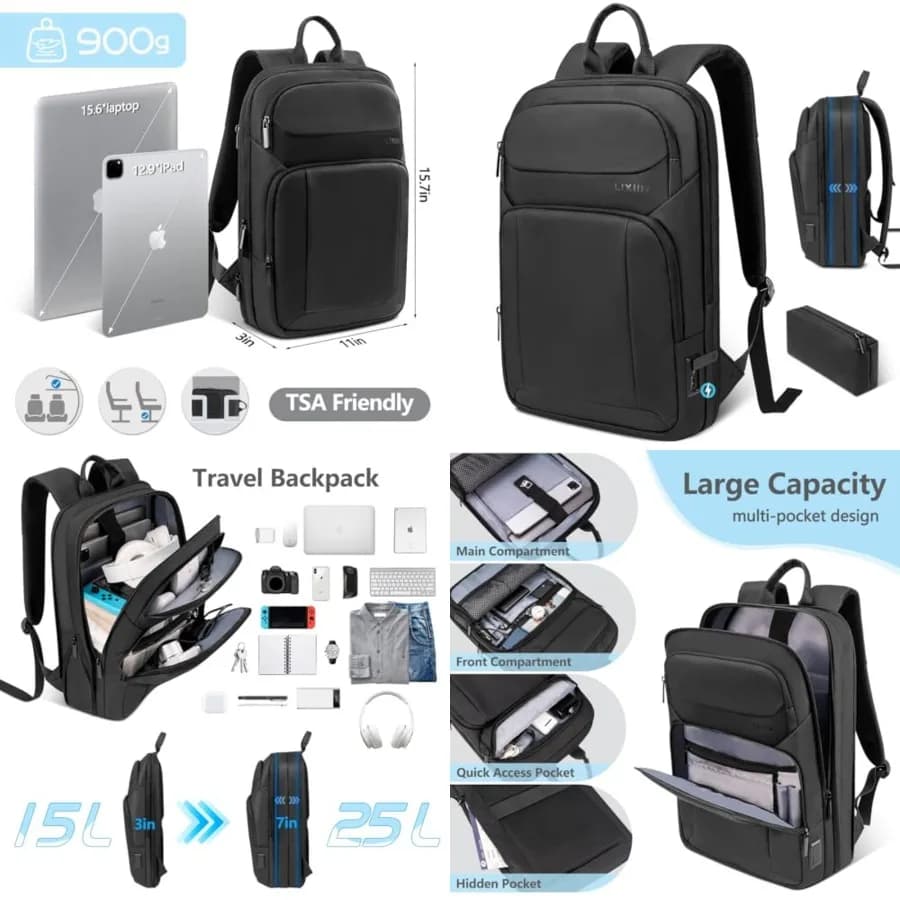 Zaino per Uomo Sottile ed Espandibile, Zaino da Viaggio per Laptop con Porta USB, Resistente all'Acqua, Antifurto, Adatto per Dispositivi fino a 15 Pollici