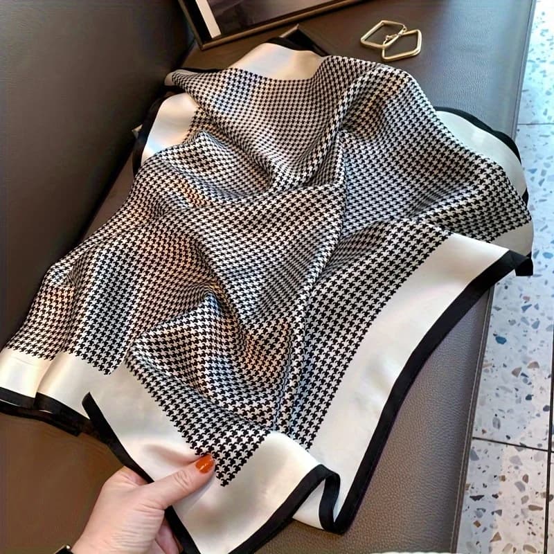 Simple square scarf pied de poule Elegant slim and silky women's shawl, casual sunscreen for the head