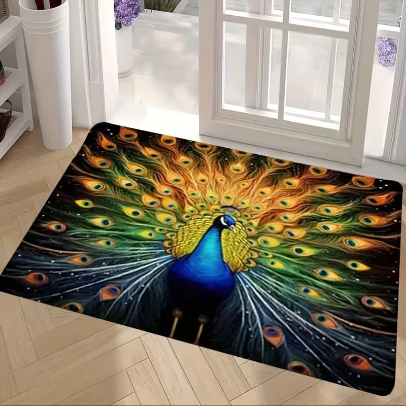 Vibrant Peacock Full Tail Display Doormat Vivid Print Soft Entrance Rug Indoor Outdoor Luxury Home Decor Front Door Mat