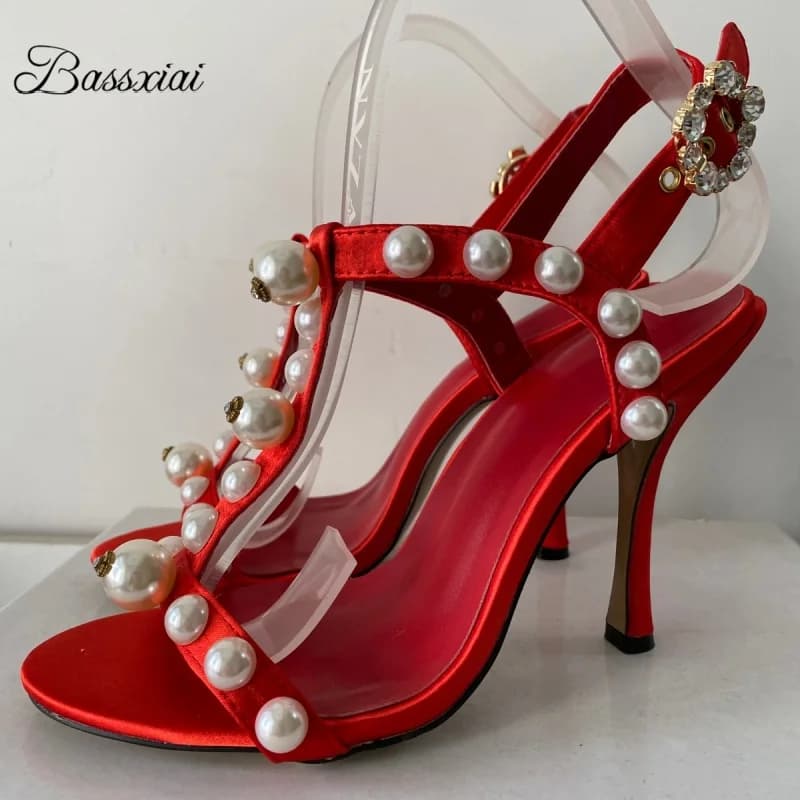 Pearl Bead Decor T-Strap Stiletto Heel Sandals for Women Luxury Satin Ankle Strappy Party Shoes 10cm Summer