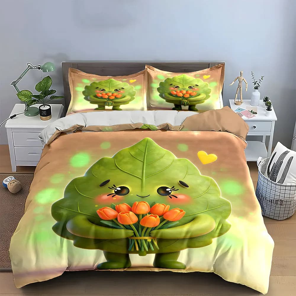 Set di decorazioni a forma di foglia in stile cartone animato, morbido e confortevole, include 1 copripiumino e 2 federe, idea regalo