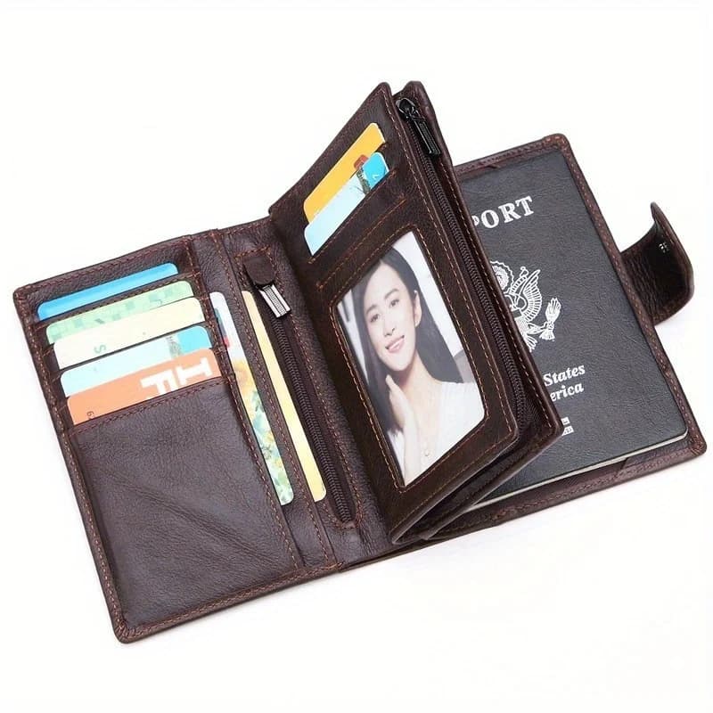 Portafoglio da uomo in pelle 1PC - Portafoglio multifunzionale in pelle di vacchetta con primo strato, portafoglio da viaggio, porta carte di credito pieghevole per passaporto