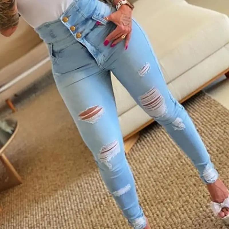 High Waist Distressed Denim Jeans Women's Personality Trendy Slim Fit Long Pants European Style Worn out Blue Jeans