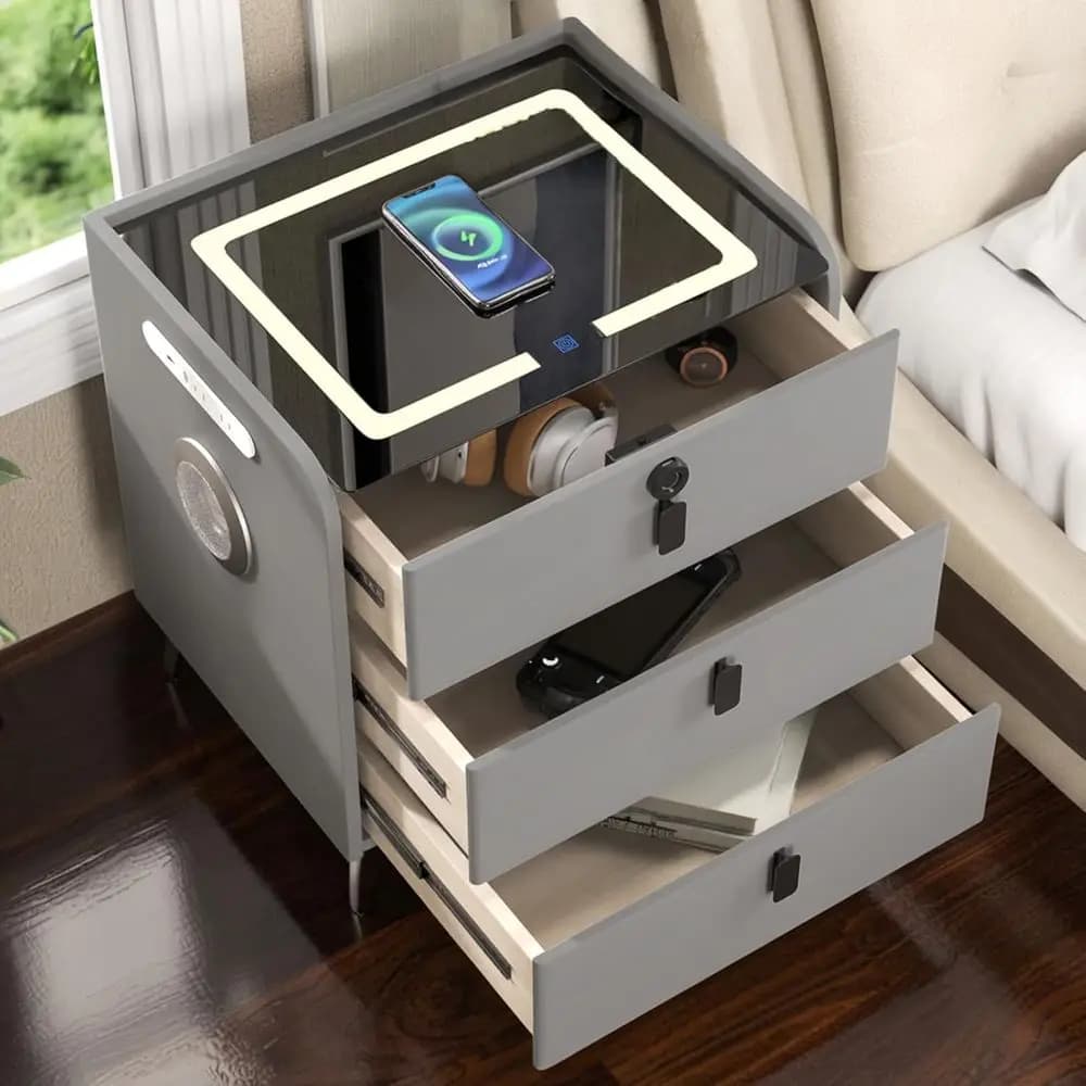 Comodino Moderno Grigio con Ricarica Wireless, Serratura a Impronta Digitale, 2 Porte USB, Luci LED e Altoparlante Bluetooth per Camere da Letto