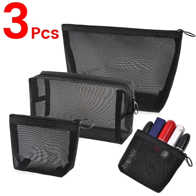 3 pezzi borse da toilette in rete nera borsa per trucco da viaggio piccola custodia grande organizer custodie per cosmetici custodia per articoli da toeletta