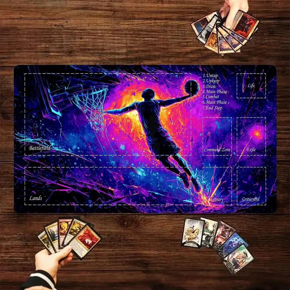 Tappetino da gioco MTG con motivo neon di pallacanestro, base antiscivolo 35x60 cm, tappetino da gioco per TCG