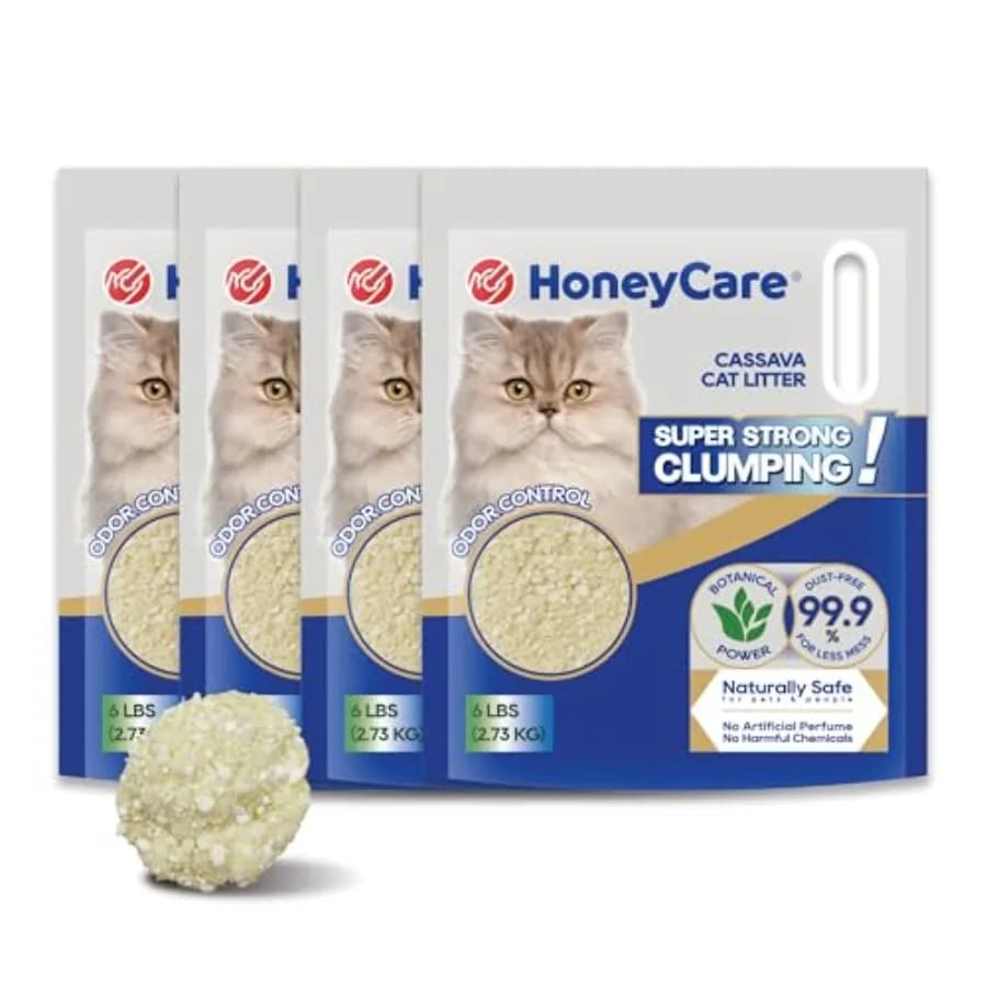 HoneyCare Lettiera per Gatti in Cassava, Lettiera Naturale a Base Vegetale, Agglomerante Rapida e a Basso Contenuto di Polvere, Controllo Superiore degli Odori - Confezione Convenienza x 4