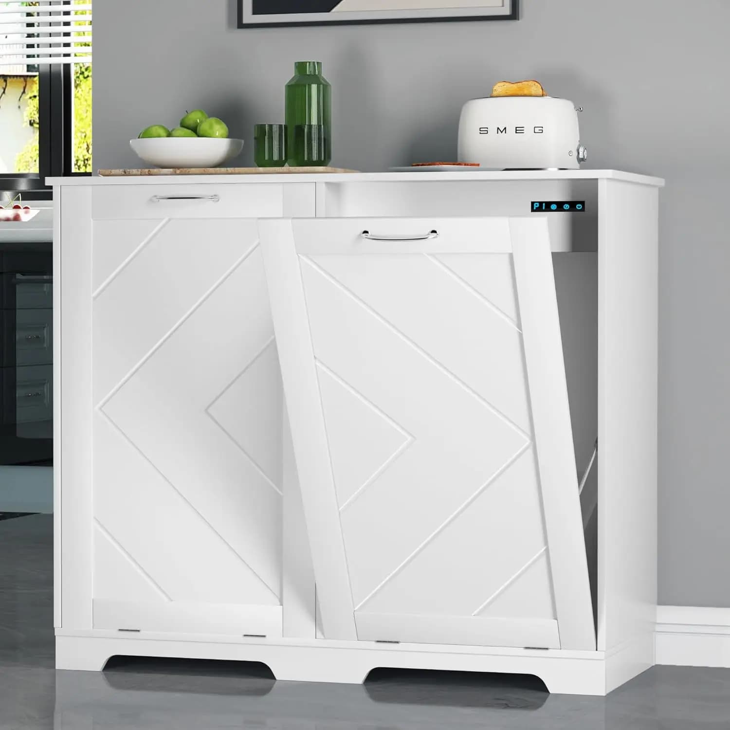 Double Tilt Out Kitchen Trash Bin Cabinet Dog Proof Garbage Can with Wood Holder Free Standing Recycling, White