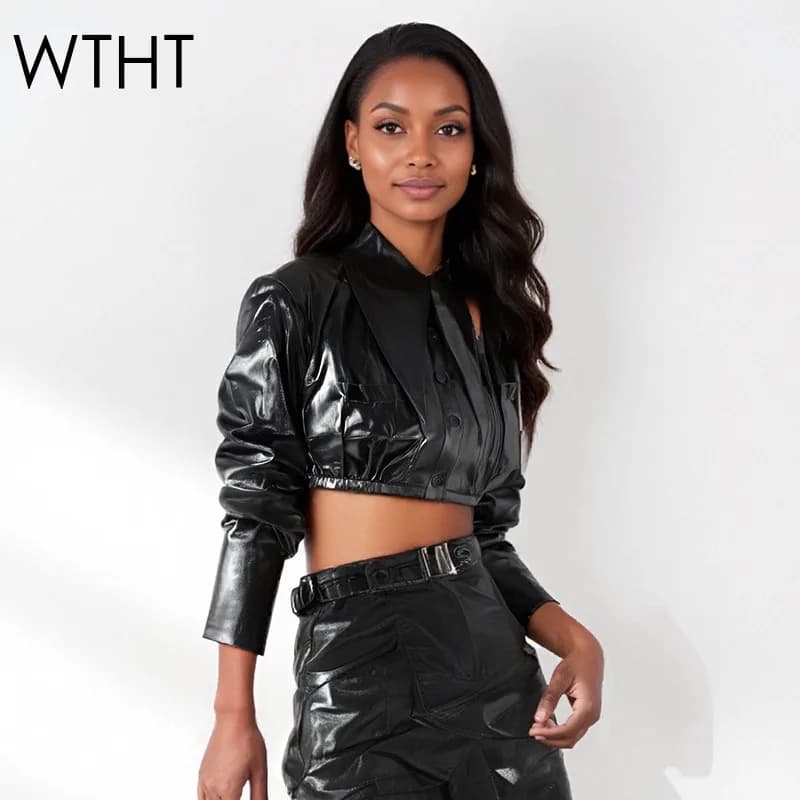 WTHT Camicia in vita elastica con fasciatura in raso finto da donna di nuova moda 2025 Camicetta a maniche lunghe con risvolto alla moda autunnale femminile 1LS2396