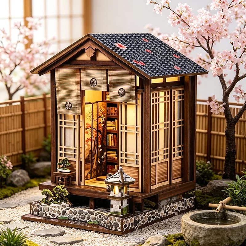 Japanese Courtyard DIY Micro House, 3D Puzzle Handmade Model Wooden Bookstand , Creative Toys