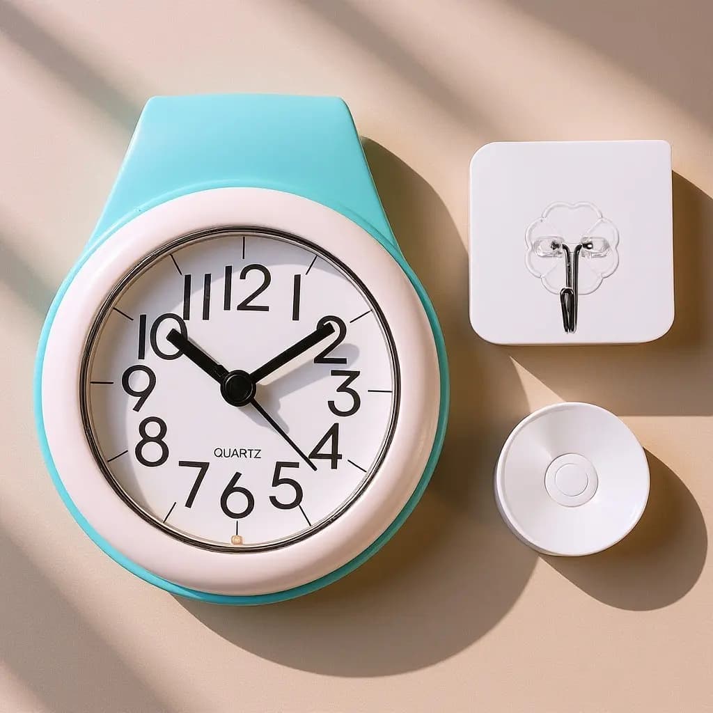 Waterproof Silent Bathroom Wall Clock with Suction Cup Hanging Hook Shower Clock Moisture Resistant Kitchen Timer