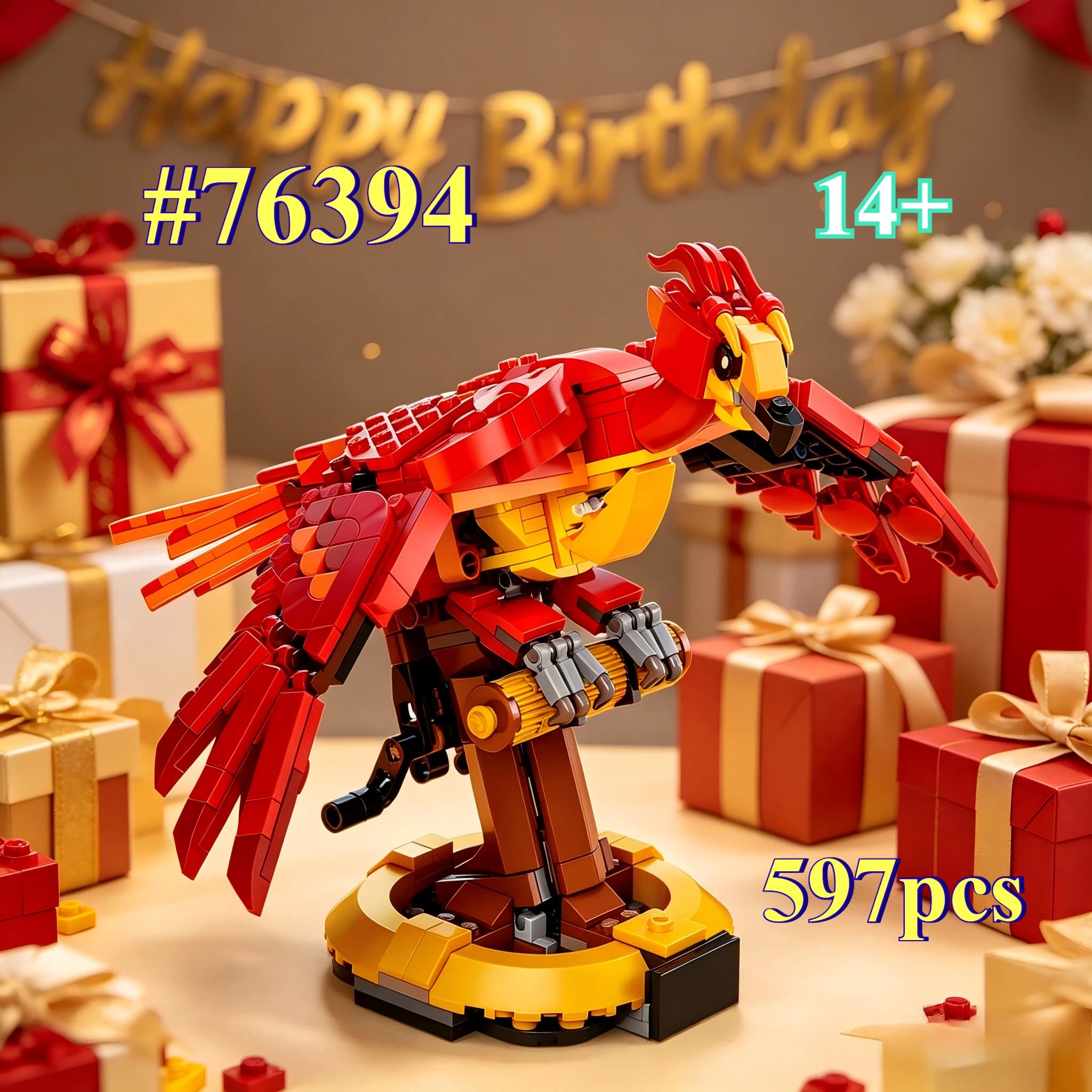 Elegante Set di Blocchi da Costruzione Modello Fenice Rossa 76394, Adatto per Regali di Natale, Compatibile con Particelle Lego, 597 Pezzi.