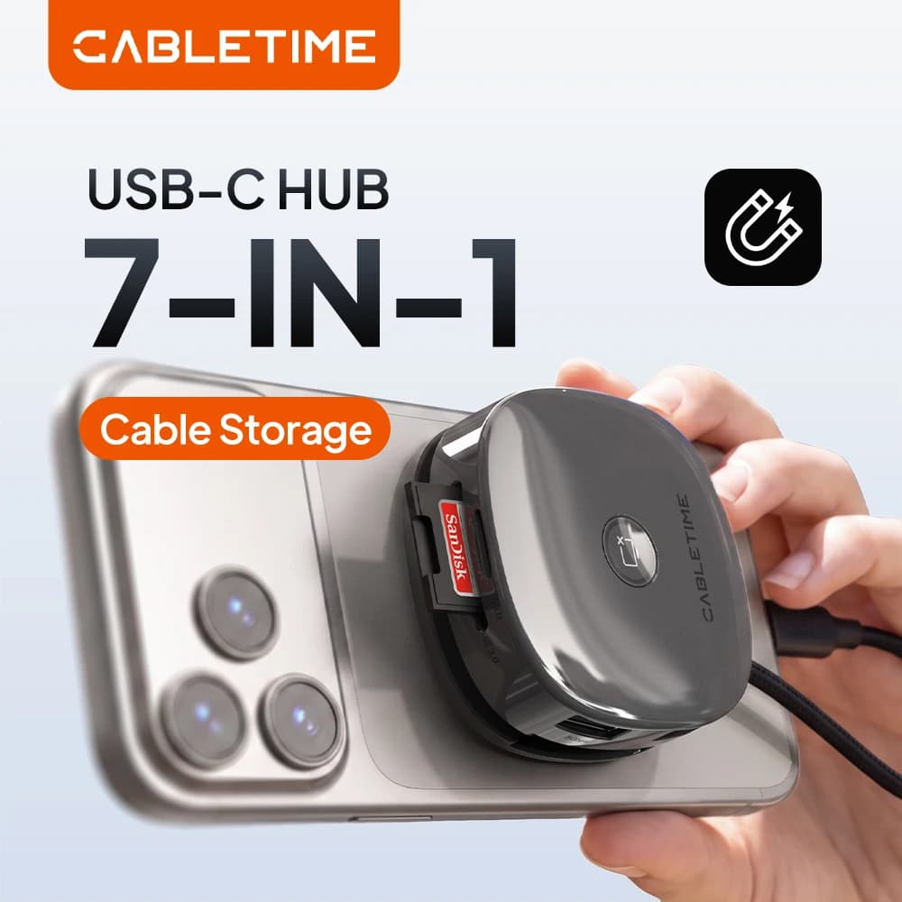 CABLETIME 7-in-1 USB C Hub for MacBook Pro iPhone 17 Pro Magnetic 4K@60Hz 5Gbps Data Transmission SD/TF 3.0 Phone Hub