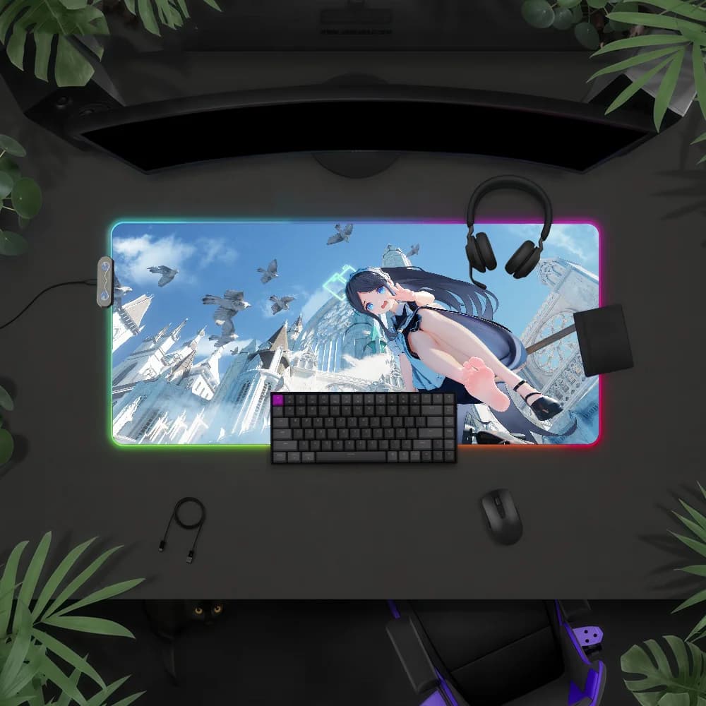 Tappetino per mouse Game Arisu Blue Archive con luce LED RGB, tastiera da gioco colorata, copertura antiscivolo, superficie impermeabile