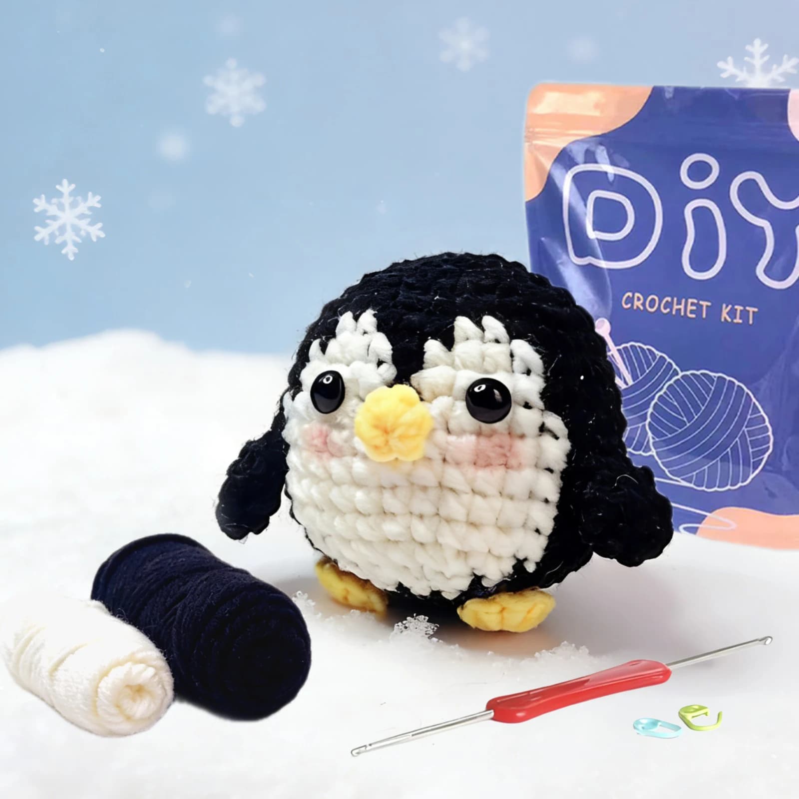 Kit per un pinguino all'uncinetto, fai da te, amigurumi, con set di uncinetti, manuale di istruzioni e video tutorial. Colore variabile.
