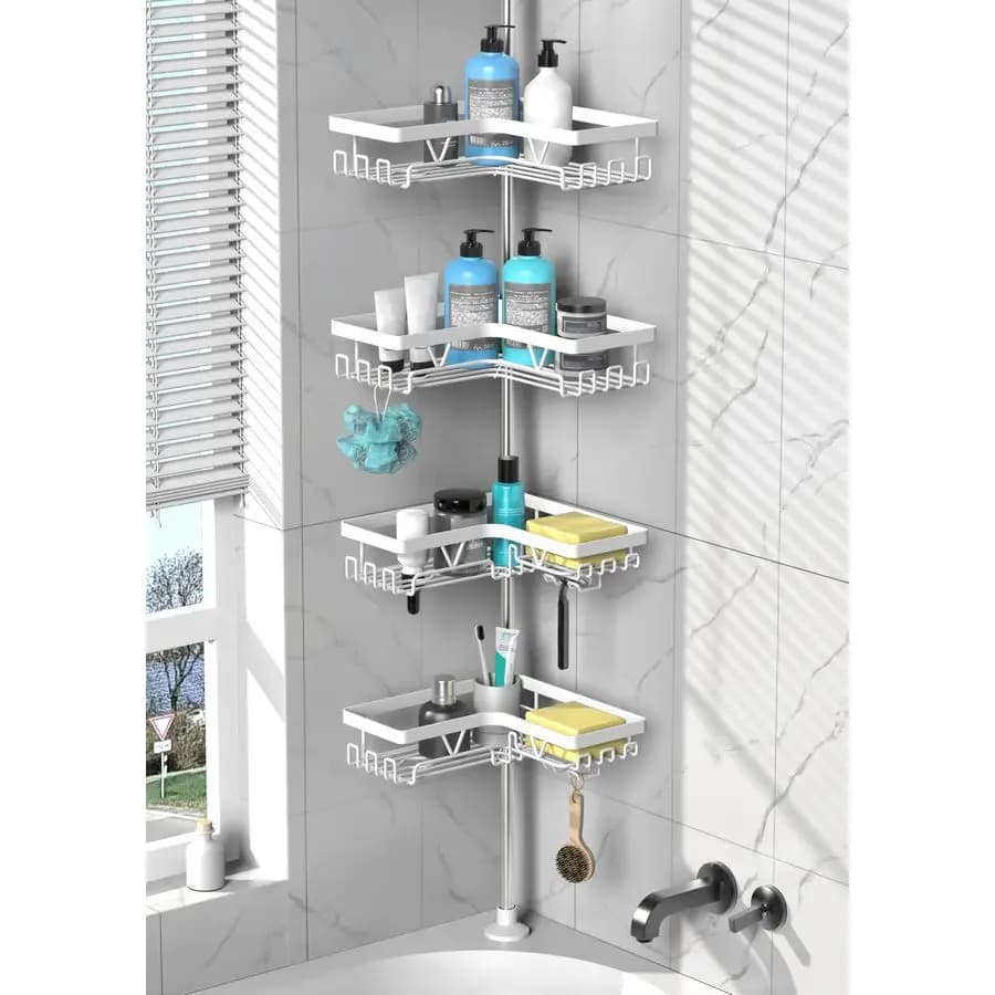 Caddy Tension Pole Corner, Stainless Steel Bath Organizer, White Voltage Bar, Shower Mesh for Bath, 22114.2 inch, Renter Friendl