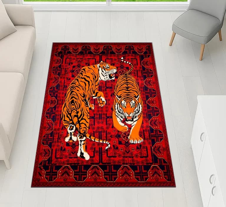 Tiger Rug Red Oriental Style Area Carpet,Bold Animal Print,Washable Non-Slip Living Room-Bedroom Decor, Entryway Rug Twin Tigers
