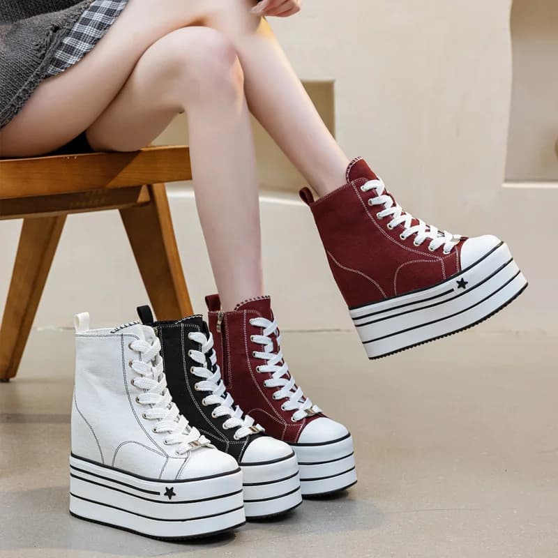 Women's Casual Shoes with Heel High 16cm and Platform, Fashion Autumn Moccasins Slip-On in Canvas