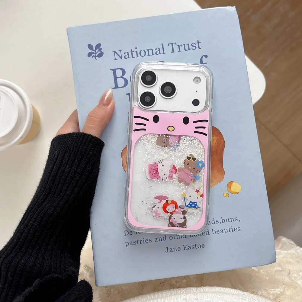 Cover Protettiva Scorrevole Rosa Glitterata Hello Kitty per iPhone 17 Pro Max 15 16 13 14 Pro Max, Custodia Carina a Cartone Animato