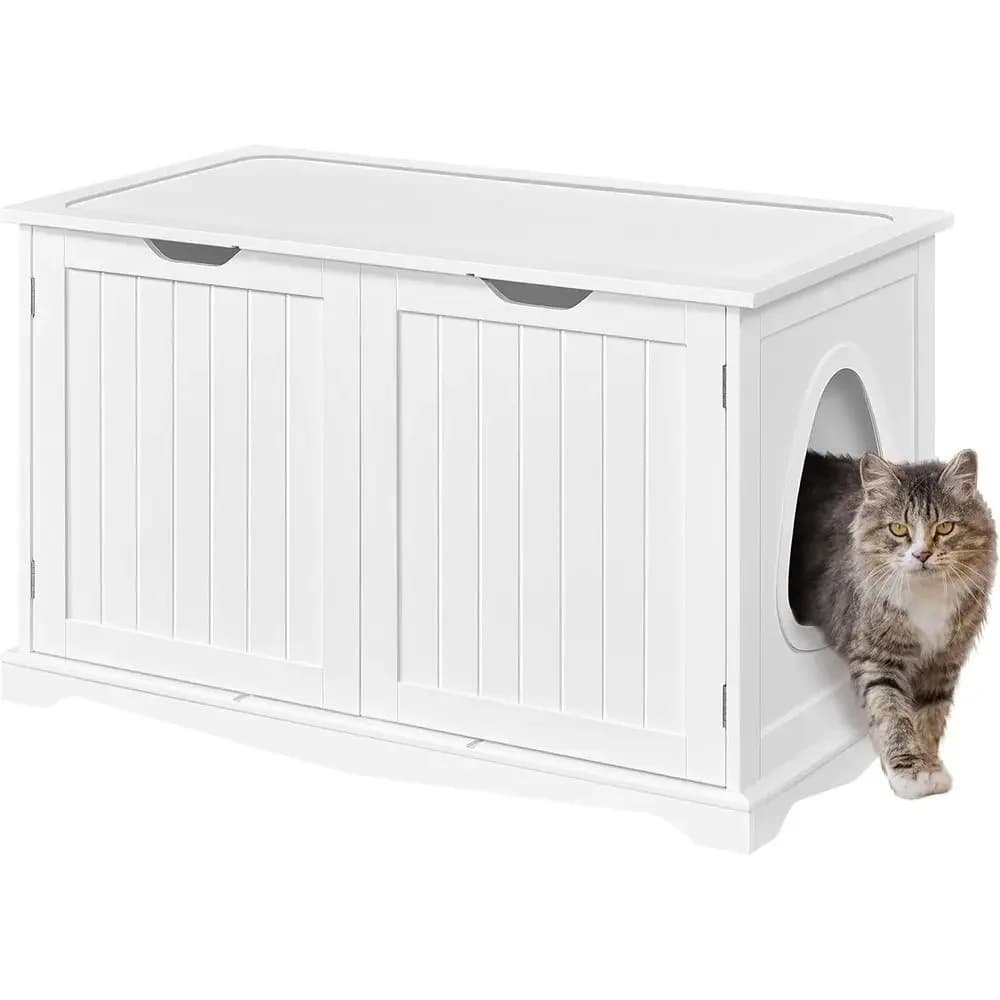 Box per lettiera per gatti in legno bianco con panca contenitore e divisorio per bagno per animali domestici da interno
