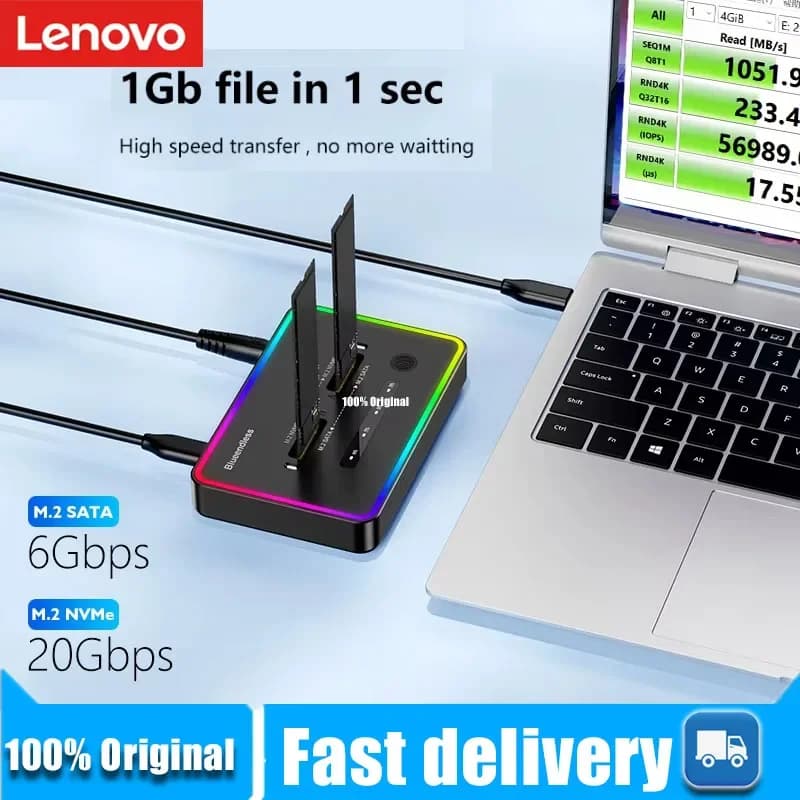 Case per SSD Lenovo con clonazione offline, doppio protocollo, m.2, docking station SSD Type-C 10Gbps per PCIe NVME o SATA, enclosure SSD a 2 bay.