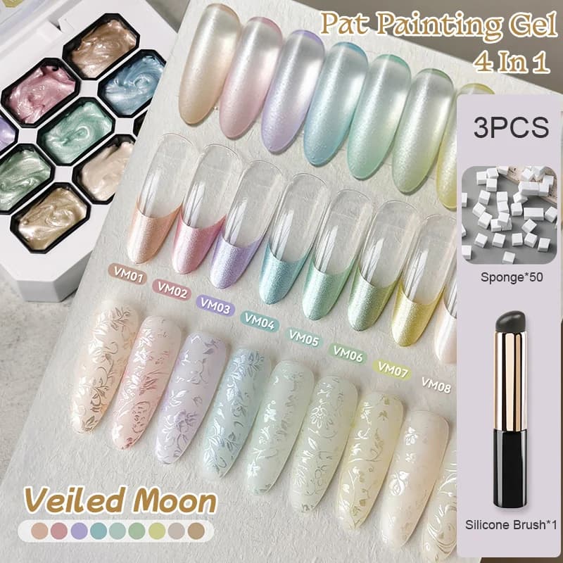Set di gel per unghie UR SUGAR 3 pezzi Pearl Pat Painting Gel 4 in 1, utilizzato per la creazione di unghie sfumate, stampa e decorazione con pennello in silicone e spugna.
