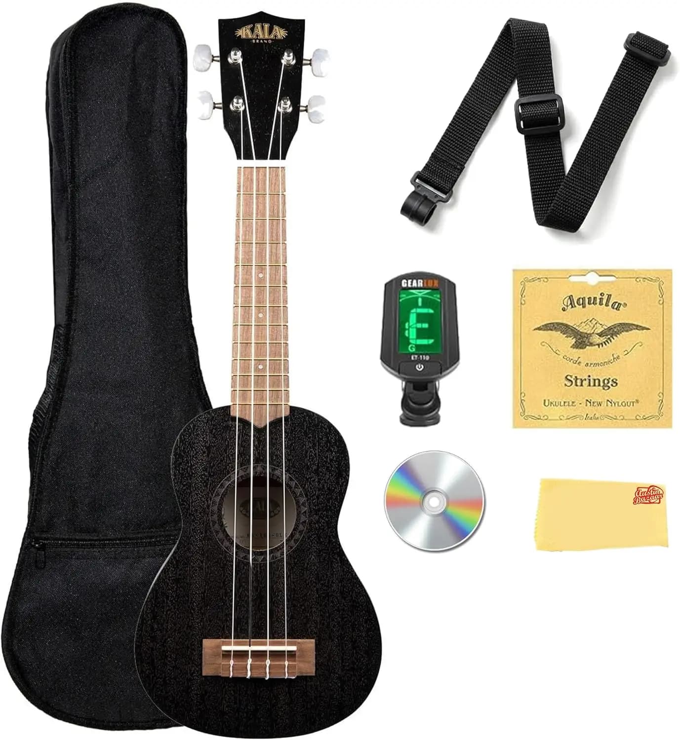 Black Satin Mahogany Soprano Ukulele - Complete Bundle with Gig Bag, Tuner, Instructional DVD, and Polishing Cloth