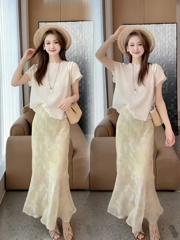 Elegant Loose Summer 2026 Korean Style Fashion Set with Short Sleeve Top And Fish Tail Half Skirt Two Piece Set for Women