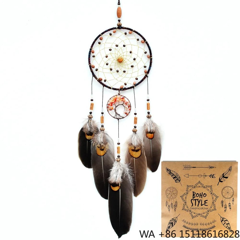Luminous Pink Feather Dream Catcher Wall Art Deco Gemstone Gravel Wind Chime