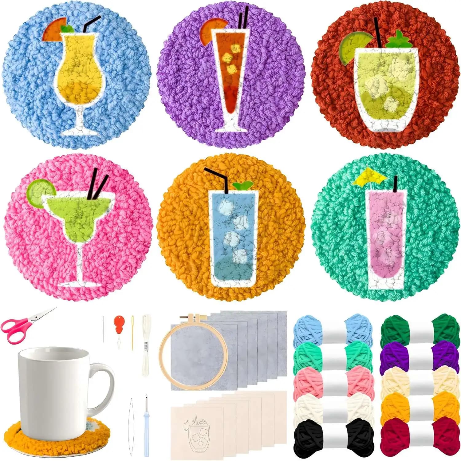 22pcs DIY Flower Punch Needle Coaster Kit for Beginners Back to School Sewing Coaster Tufted Rug Pads Embroidery Manual Supplies