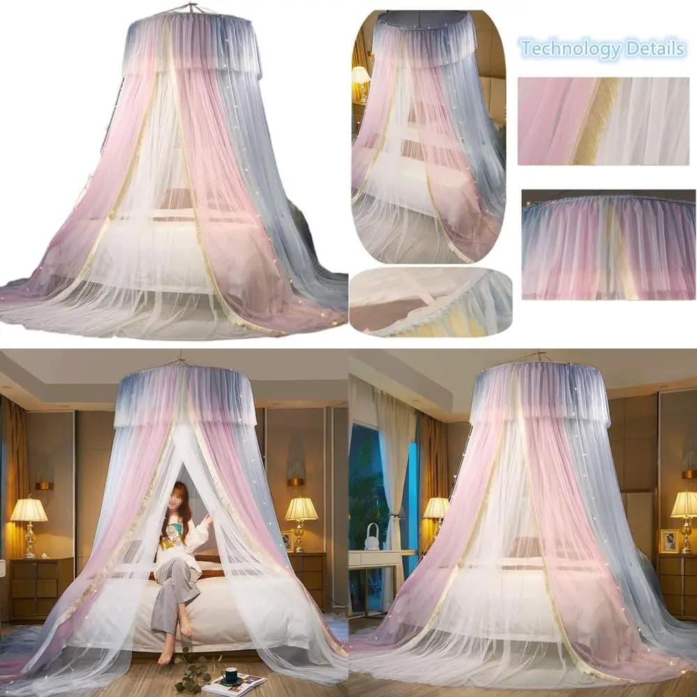 Zanzariera a baldacchino a doppio strato in rete trasparente - Zanzariera rotonda in pizzo per letti singoli, matrimoniali, queen e king size (Rosa, Grigio, Bianco)