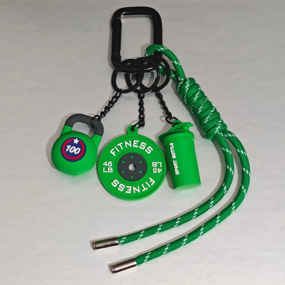 Keyring with Mini Balancing Plates, Keyring with Manubri and Kettlebell Shape Water Glasses, Pendant for Bag