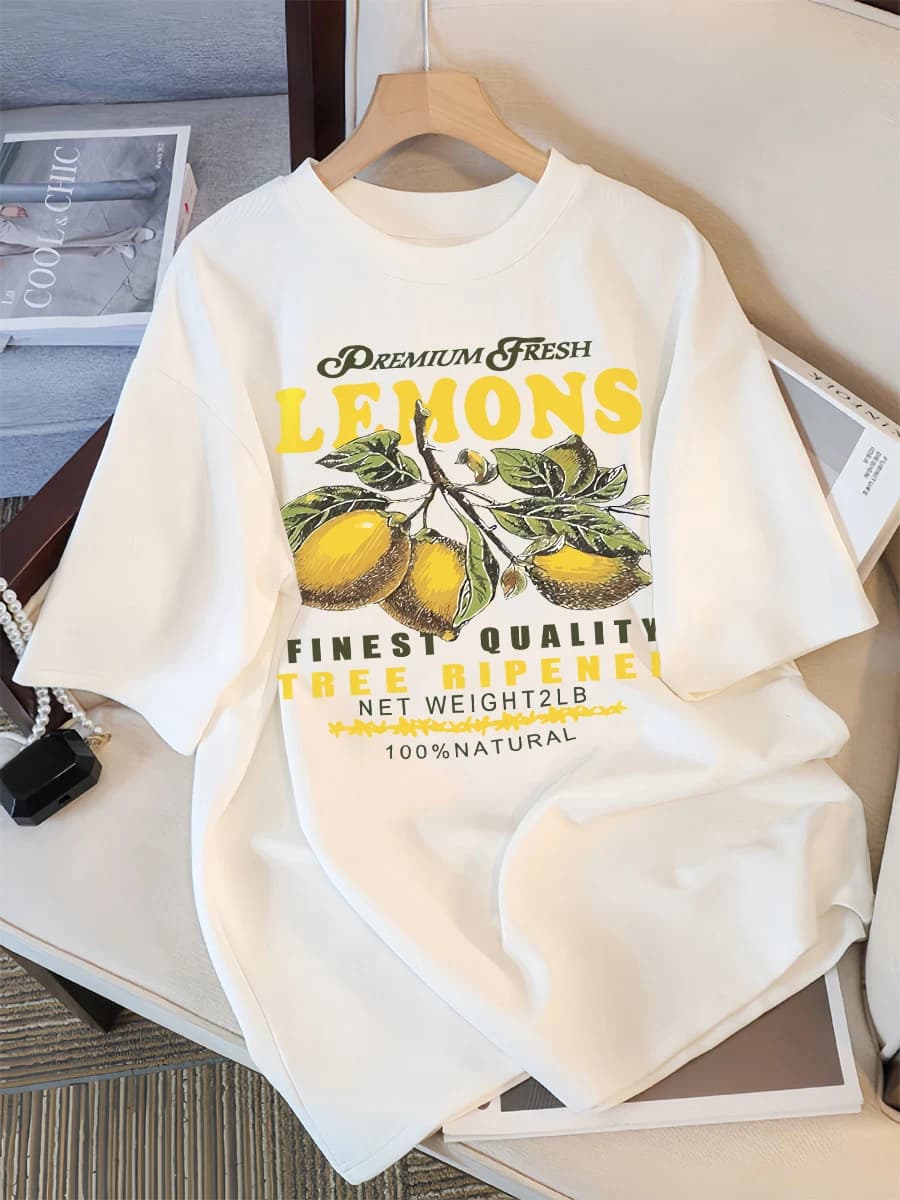 Limoni Frutta Premium Fresh Printing T Shirt Donna Cotone allentato Abbigliamento sportivo O-Collo Magliette casual Allentate All-Match Manica corta