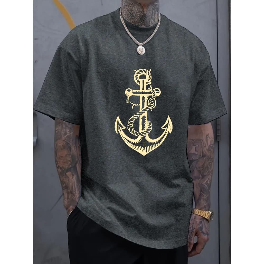 T-shirt da uomo estiva in cotone 100%, alla moda, casual, sportiva, con stampa di un motivo a ancora, girocollo, a maniche corte