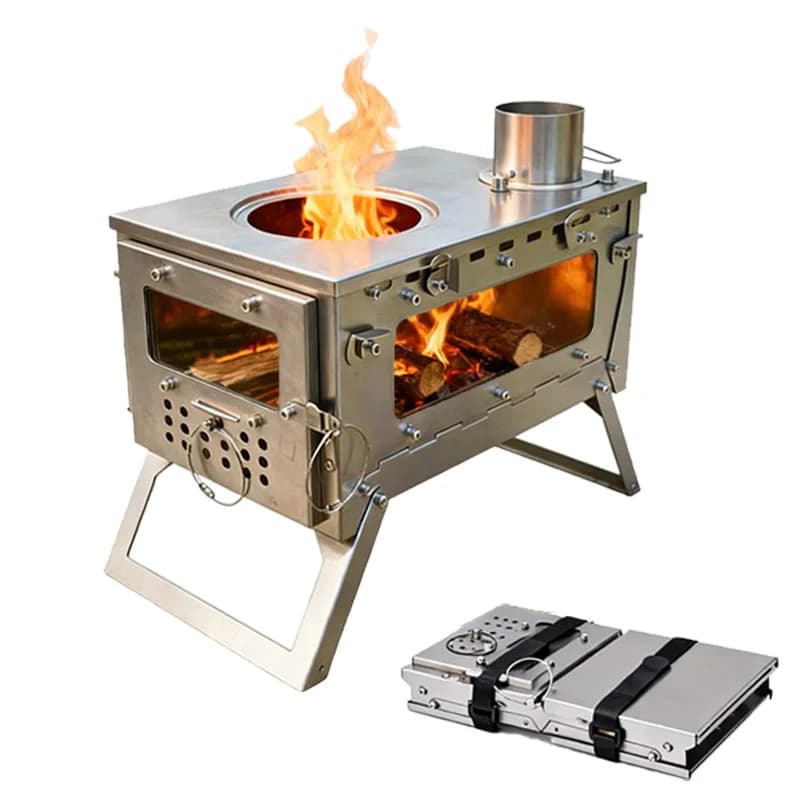 DANCHEL S2 Pro Camping Hot Tent Stove Folding Portable Stainless Steel Wood Burn Stove with Chimney Pipes & 3 Glass Hiking Stove