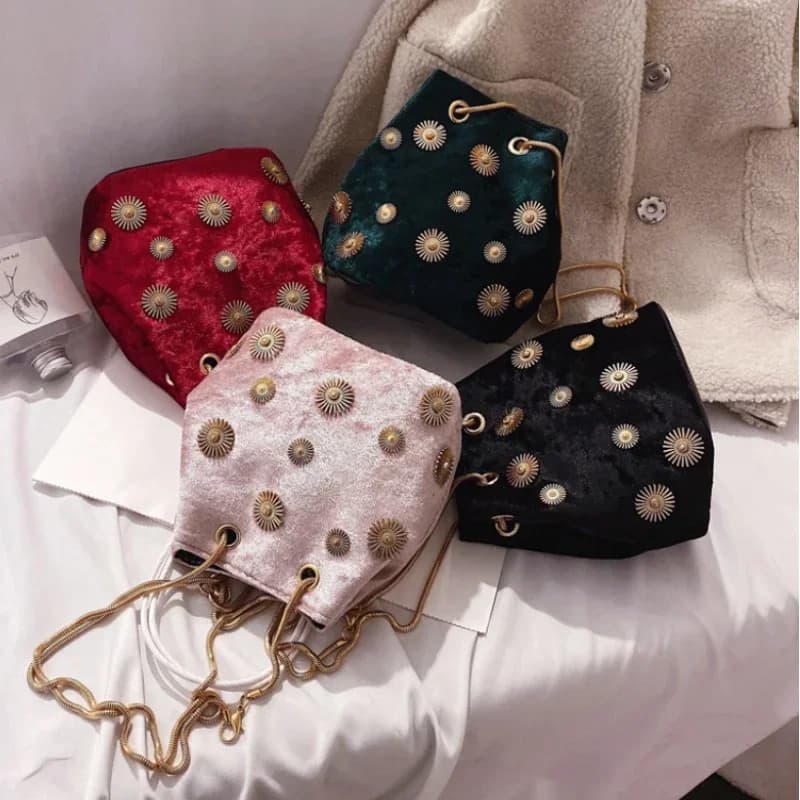 Nuove Borse a Spalla da Donna, Borsa a Secchiello Elegante in Velluto, Borsa a Mano con Tracolla a Catena Dorata