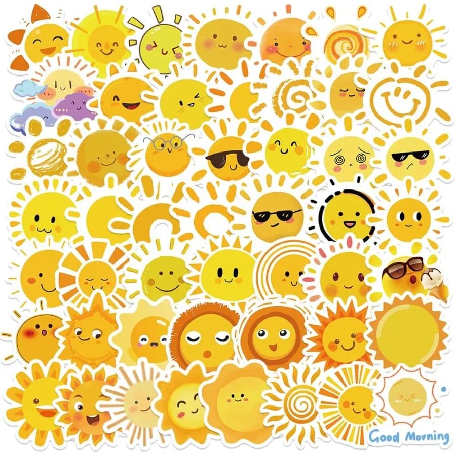 Esthetic Wall decals Sunshine 50 pieces waterproof vinyl stickers yellow sun for water bottles laptop scrapbook teens adult party fa