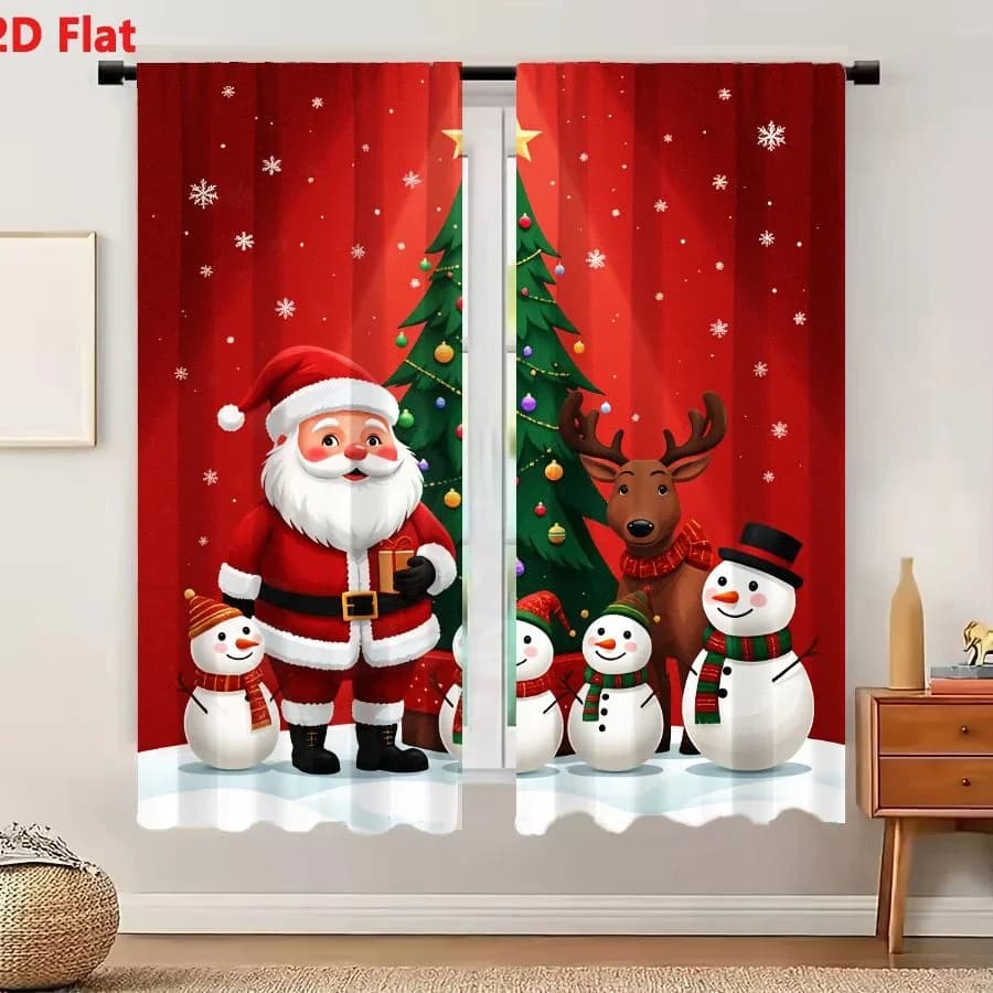 2Pcs Curtains 2D Flat Winter Scene With Santa Claus Reindeer Snowmen And Christmas Tree Window Drapes for Bedroom Room Decor Dec