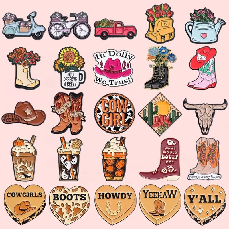 Cowgirl Hat Boots Enamel Pin Western Mexican Cactus Bull Head Lapel Badges Decor For Shirt Brooch Jewelry Gift For Women Friend